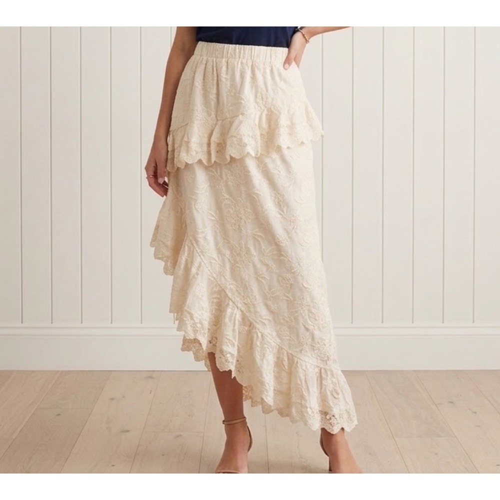 Anthropology Mable Lace Maxi Skirt Women L Cream Asymmetrical Ruffle Cottagecore